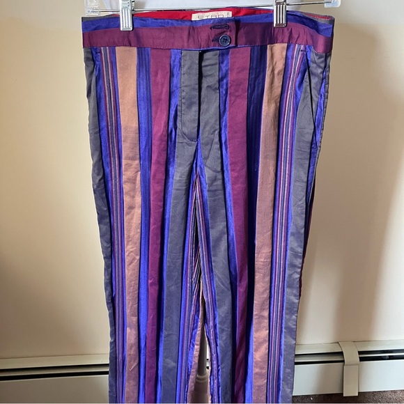 Vintage Etro Milano Purple Striped Silk Bellbottom Pants size 42 - Picture 3 of 8